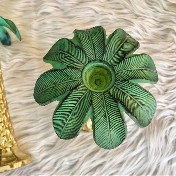 Vintage | Palm Tree Taper Candleholders Green Gold PAIR Preppy Palm Beach - Picture 3 of 8